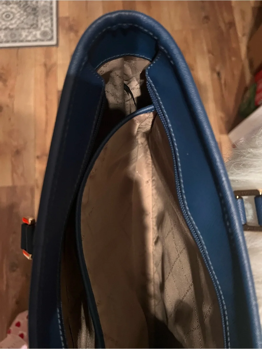 Michael Kors Brown Monogram Tote with Blue Trim and Gold Hardware